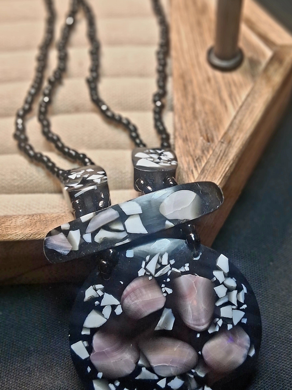 Black and White Mosaic Resin Pendant Necklace16"